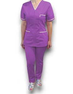 Costum medical cu fermoar, tercot mov, insertie alba