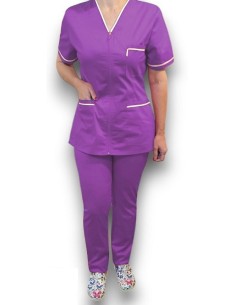 Costum medical cu fermoar, tercot mov, insertie alba 2