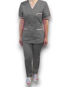 Costum medical cu fermoar, tercot elastic gri, insertie alba 2
