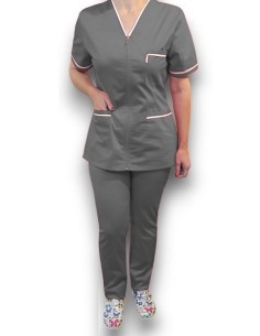 Costum medical cu fermoar, tercot elastic gri, insertie alba