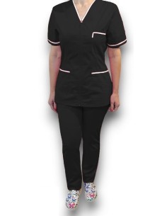 Costum medical cu fermoar, tercot elastic negru, insertie alba