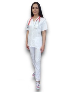 Costum medical alb tercot elastic, halat alb cu fermoar