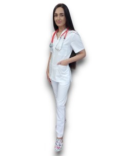 Costum medical alb tercot elastic, halat alb cu fermoar 2