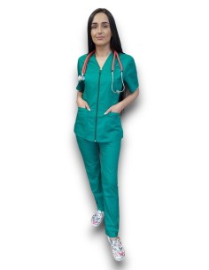 Costum medical verde spital tercot elastic, halat verde spital cu fermoar