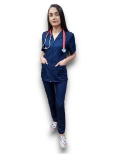 Costum medical bleumarin tercot elastic, halat bleumarin cu fermoar 2