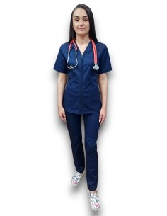 Costum medical bleumarin tercot elastic, halat bleumarin cu fermoar
