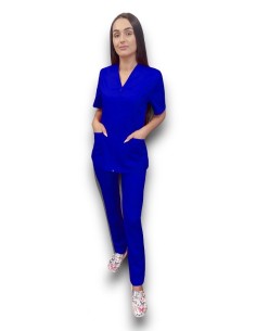 Costum medical albastru royal tercot elastic, halat albastru royal cu fermoar