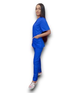 Costum medical albastru tercot elastic, halat albastru cu fermoar