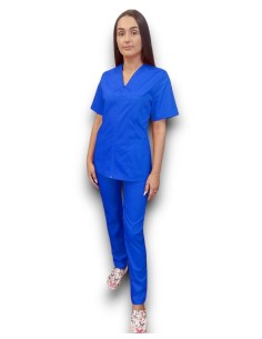 Costum medical albastru tercot elastic, halat albastru cu fermoar 2