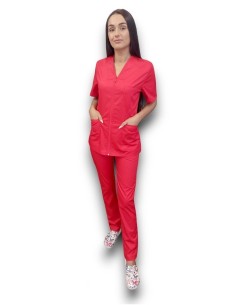 Costum medical rosu tercot elastic, halat rosu cu fermoar