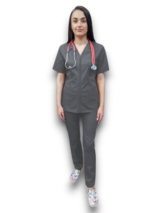 Costum medical gri tercot elastic, halat gri cu fermoar