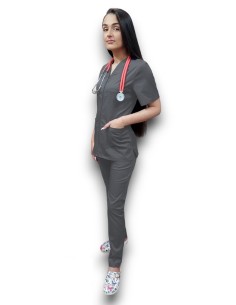 Costum medical gri tercot elastic, halat gri cu fermoar 2