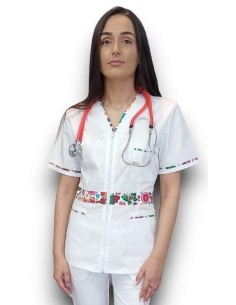 Halat medical alb cu fermoar, tercot elastic