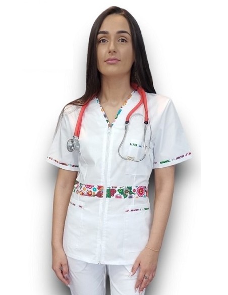 Halat medical alb cu fermoar, tercot elastic Halat medical alb cu fermoar, tercot elastic