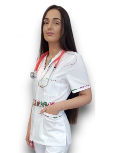 Halat medical alb cu fermoar, tercot elastic 2