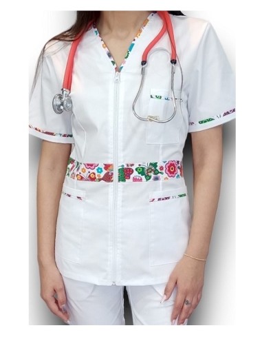 Halat medical alb cu fermoar, tercot elastic
