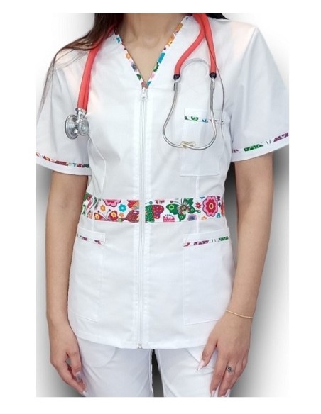 Halat medical alb cu fermoar, tercot elastic Halat medical alb cu fermoar, tercot elastic