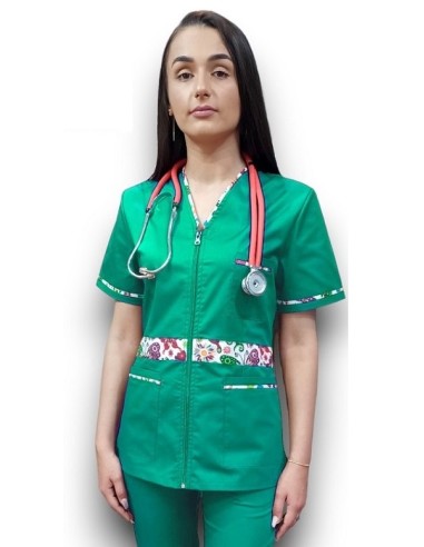 Halat medical verde spital cu fermoar, tercot elastic