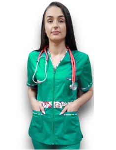 Halat medical verde spital cu fermoar, tercot elastic