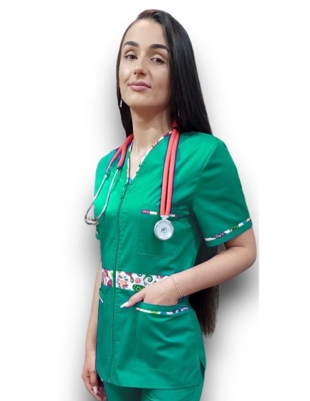Halat medical verde spital cu fermoar, tercot elastic Halat medical verde spital cu fermoar, tercot elastic