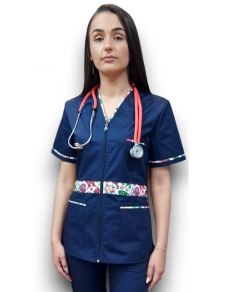 Halat medical bleumarin cu fermoar, tercot elastic Halat medical bleumarin cu fermoar, tercot elastic