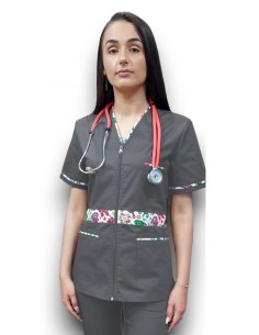 Halat medical gri cu fermoar, tercot elastic 2