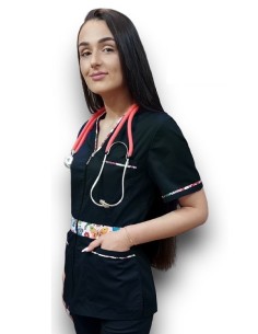 Halat medical negru cu fermoar, tercot elastic 2