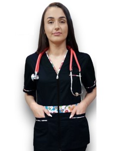 Halat medical negru cu fermoar, tercot elastic