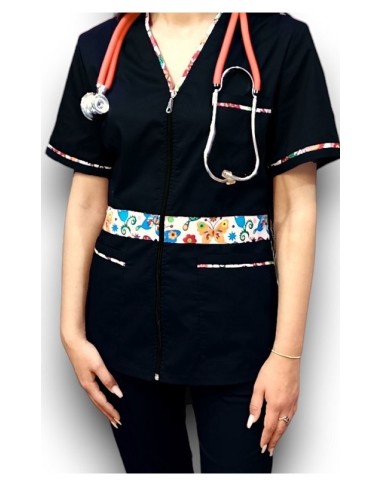 Halat medical negru cu fermoar, tercot elastic