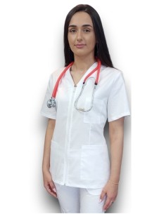 Halat medical alb cu fermoar, tercot elastic