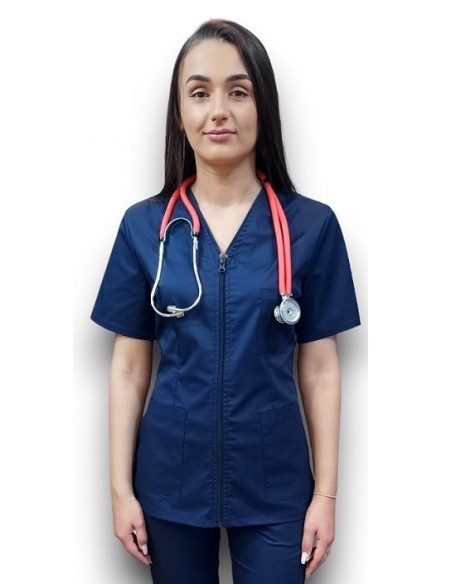 Halat medical bleumarin cu fermoar, tercot elastic Halat medical bleumarin cu fermoar, tercot elastic