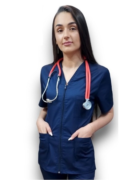 Halat medical bleumarin cu fermoar, tercot elastic Halat medical bleumarin cu fermoar, tercot elastic