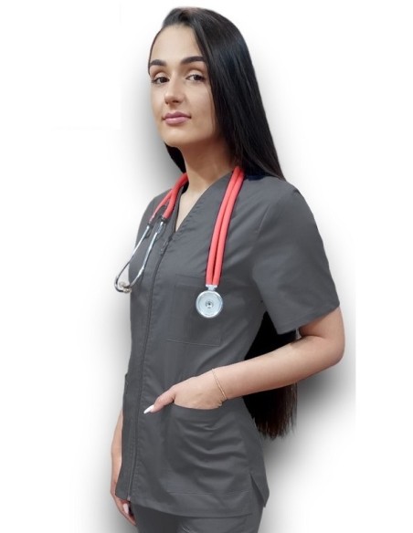Halat medical gri cu fermoar, tercot elastic Halat medical gri cu fermoar, tercot elastic