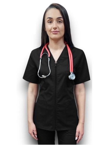 Halat medical negru cu fermoar, tercot elastic