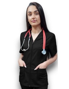 Halat medical negru cu fermoar, tercot elastic