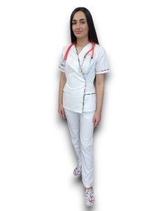 Costum medical alb Kimono, din tercot elastic, cu insertie florala