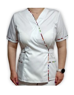 Costum medical alb Kimono, din tercot elastic, cu insertie florala 2