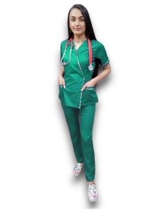 Costum medical verde spital Kimono, din tercot elastic, cu insertie florala
