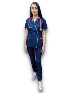 Costum medical bleumarin Kimono, din tercot elastic, cu insertie florala