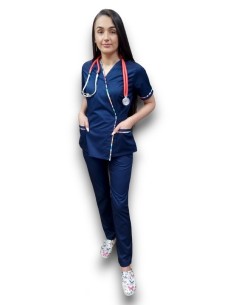 Costum medical bleumarin Kimono, din tercot elastic, cu insertie florala 2