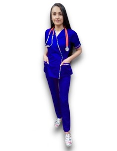 Costum medical albastru royal Kimono, din tercot elastic, cu insertie florala