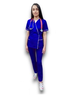 Costum medical albastru royal Kimono, din tercot elastic, cu insertie florala 2