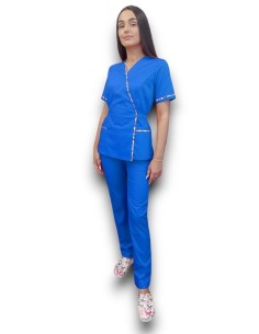 Costum medical albastru Kimono, din tercot elastic, cu insertie florala 2