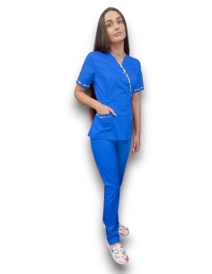 Costum medical albastru Kimono, din tercot elastic, cu insertie florala