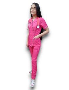 Costum medical ciclam Kimono, din tercot elastic, cu insertie florala