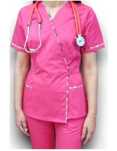 Costum medical ciclam Kimono, din tercot elastic, cu insertie florala 2