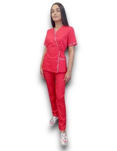 Costum medical rosu Kimono, din tercot elastic, cu insertie florala 2