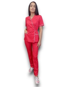 Costum medical rosu Kimono, din tercot elastic, cu insertie florala
