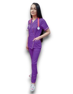 Costum medical mov Kimono, din tercot fix, cu insertie florala