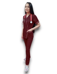 Costum medical grena Kimono cu insertie florala
